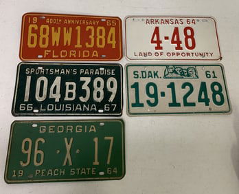 FL, AR, SD, LA, & GA license plates