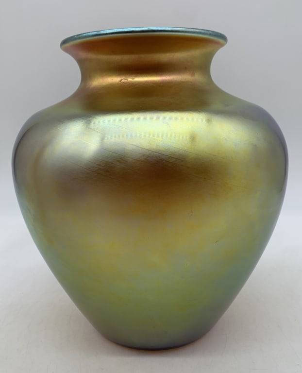 Steuben gold vase: has wear with some marks; tape residue on base