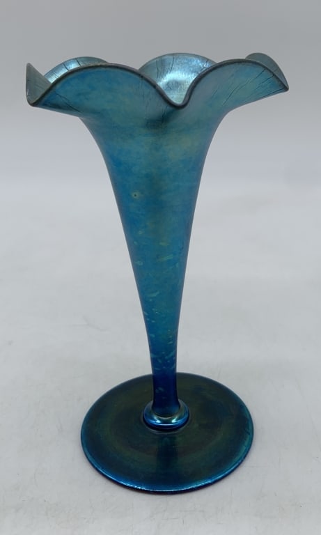 Steuben Aurene blue vase: has wear; tape residue on base