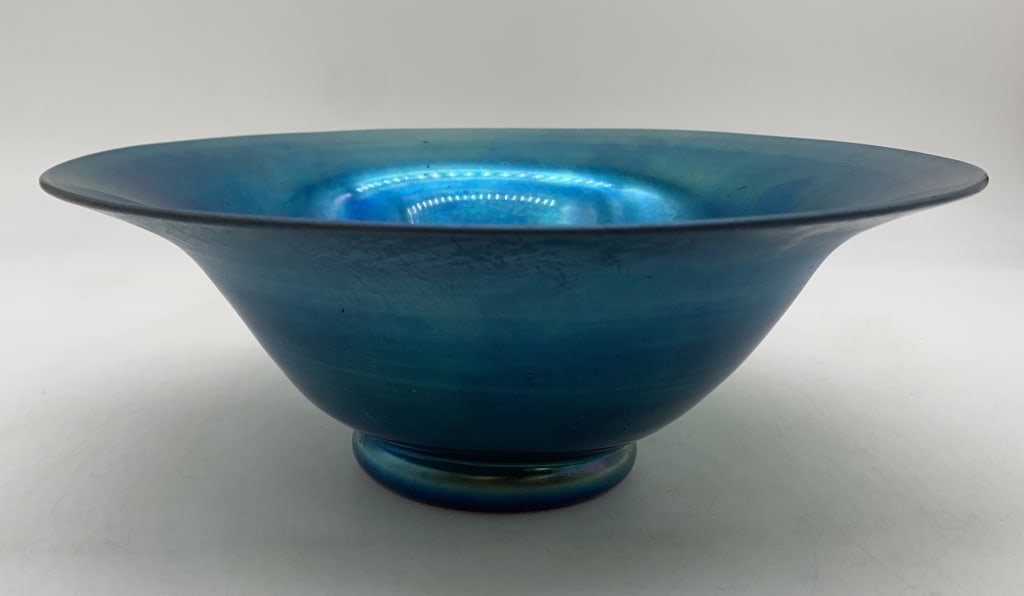 Steuben Blue Aurene Bowl: has wear with scratches, especially to bottom; tape residue inside bowl; marked Aurene 2807