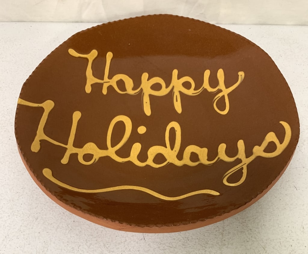 Redware Plate - Happy Holidays: Breininger, Robesonia, PA June 22, 1994