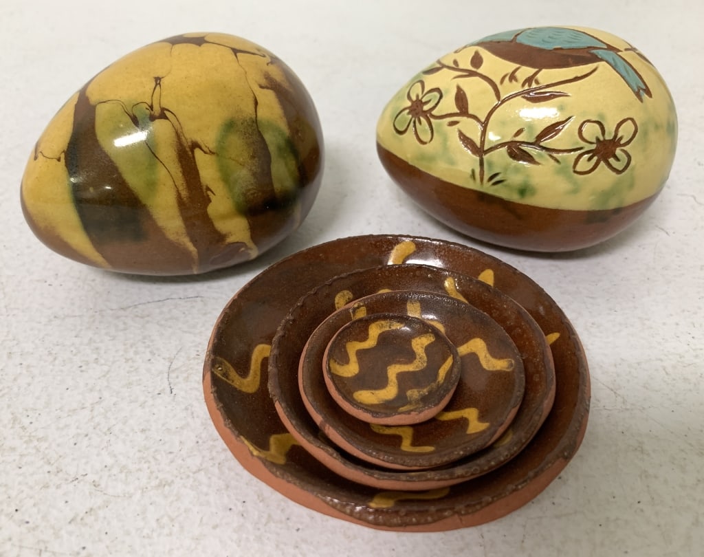2 Redware Eggs and Set of Small Redware Plates: Plates marked on bottom 1988?
