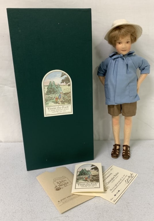 R. John Wright Christopher Robin w/ Box: Certificate of Authenticity numbered 540 of 3500, box is 13" long, felt face, hand painted features