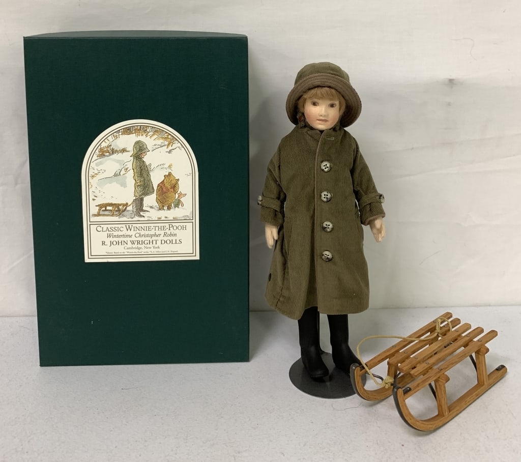 R. John Wright Wintertime Christopher Robin: numbered 103/250, box is 13" long, felt face, hand painted features