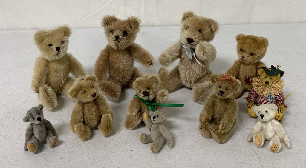 10+ Vintage Minature Bears/Some Mohair: most are jointed, most with mohair, no names or markings, largest one is 6" long, smallest one is 2" long