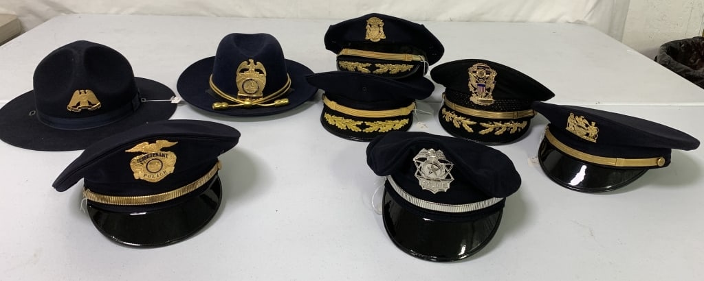 lot of 8 Obsolete Police Hats: some wear, some age