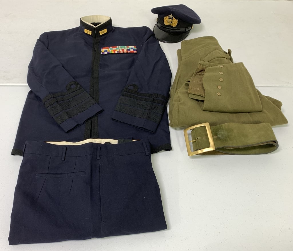 Japanese WWII Isoroku Uniform Impression: jacket, 2 prs of pants, hat, belt, some wear