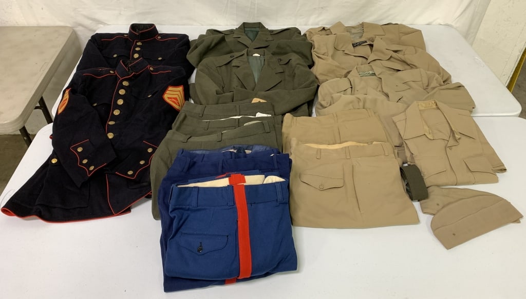 15+ WWII/Cold War/US Marine Corps Uniforms: jackets, pants, shirts, caps, some wear and age