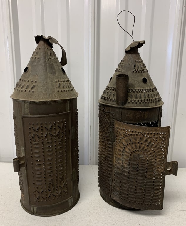 2 punched tin lanterns: have wear and damage as shown