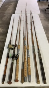 8 bamboo fishing rods, 2 w/reels