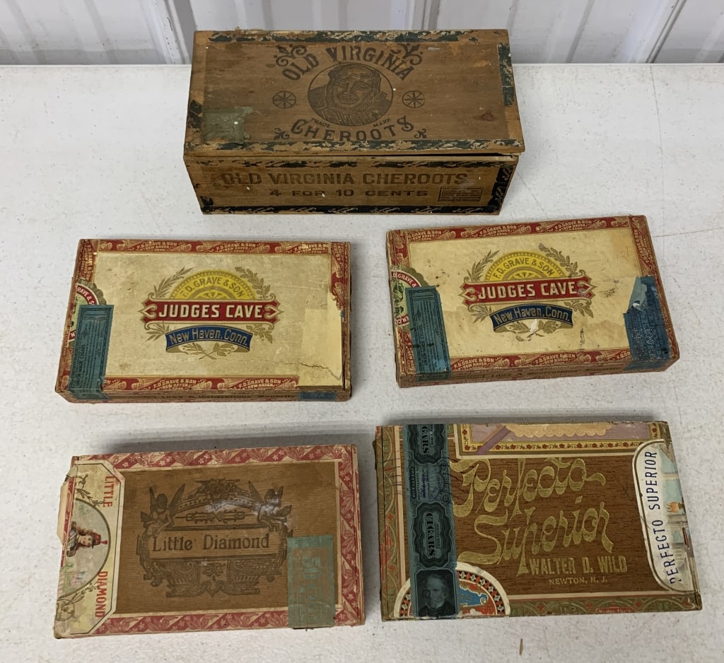 5 cigar boxes: see photos for brands and conditions; have wear and some damage as shown