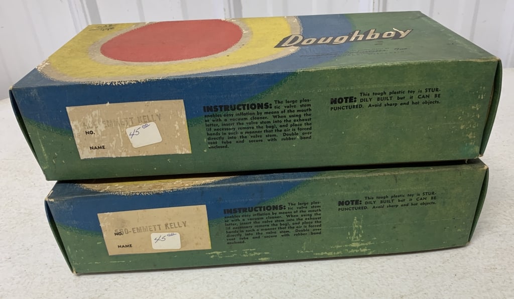 2 Doughboy Emmett Kelly punching clowns: N.O.S. boxes have wear and soiling