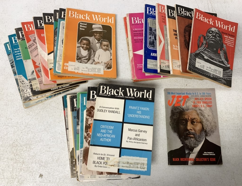 20+ 1970's Black World magazines plus 1 Jet: have wear with some damage as well as yellowing paper and mailing labels