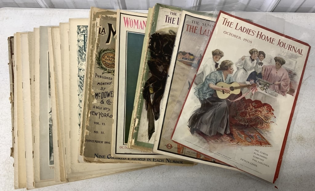 1890's Ladies' Home Journals & other magazines: have wear, some newer covers from 1900's fashion magazines missing colored plates; some items are damaged as shown