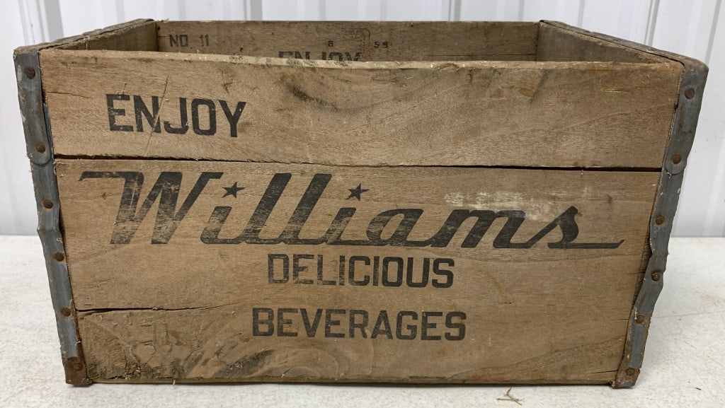Williams Beverages wooden crate: has wear with rust to bands