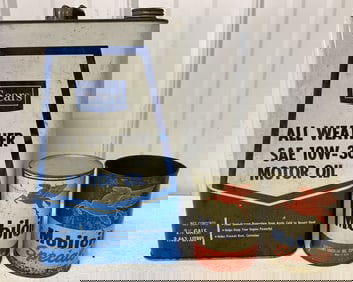 empty Mobiloil and Sears oil cans
