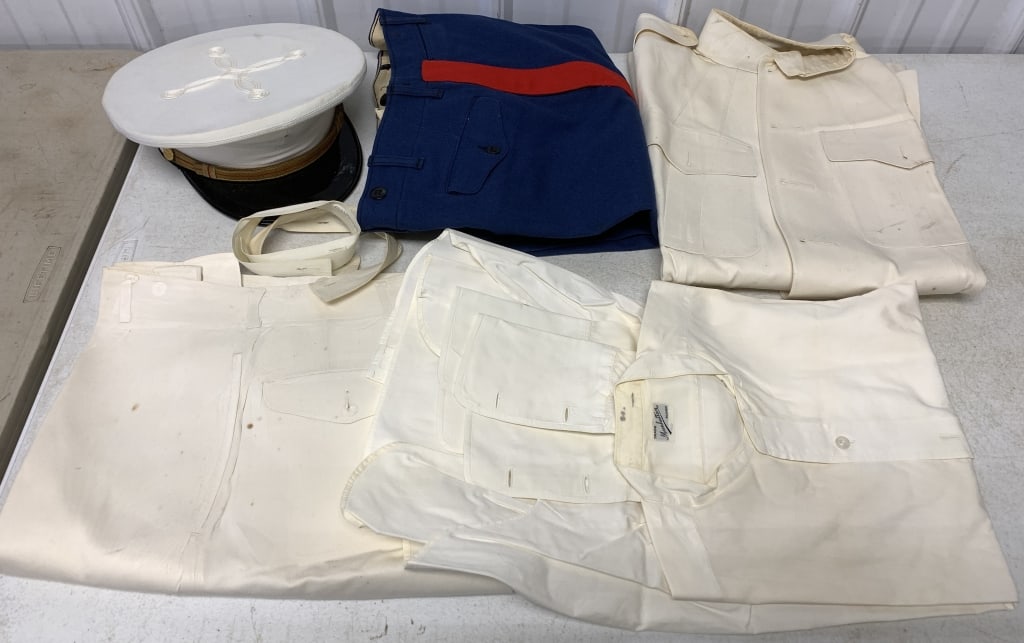Marine Corp. hat, pants, collars and shirts: have wear with discoloration and stains