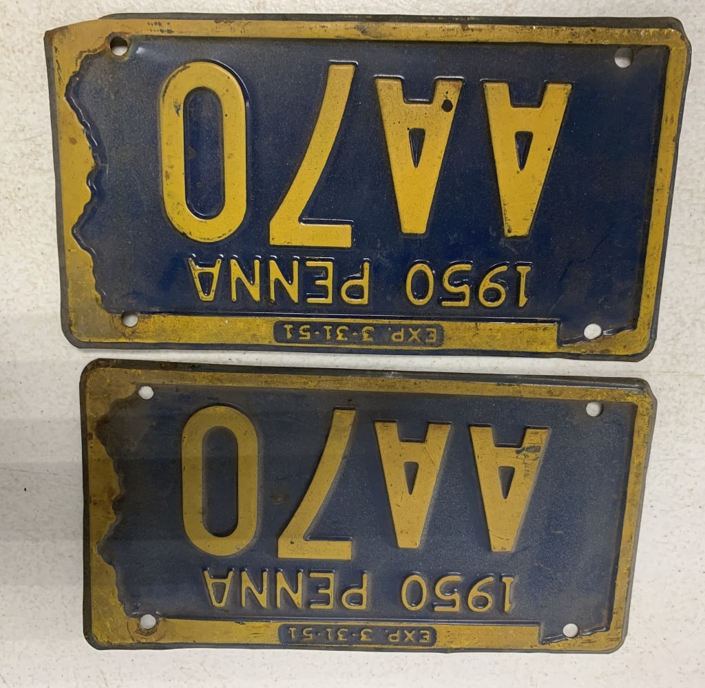 matching set of 1950 PA license plates AA70: have wear with corner bends, scratches, some paint loss and rust
