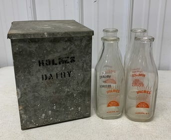 Holmes Dairy milk box and four qt. bottles