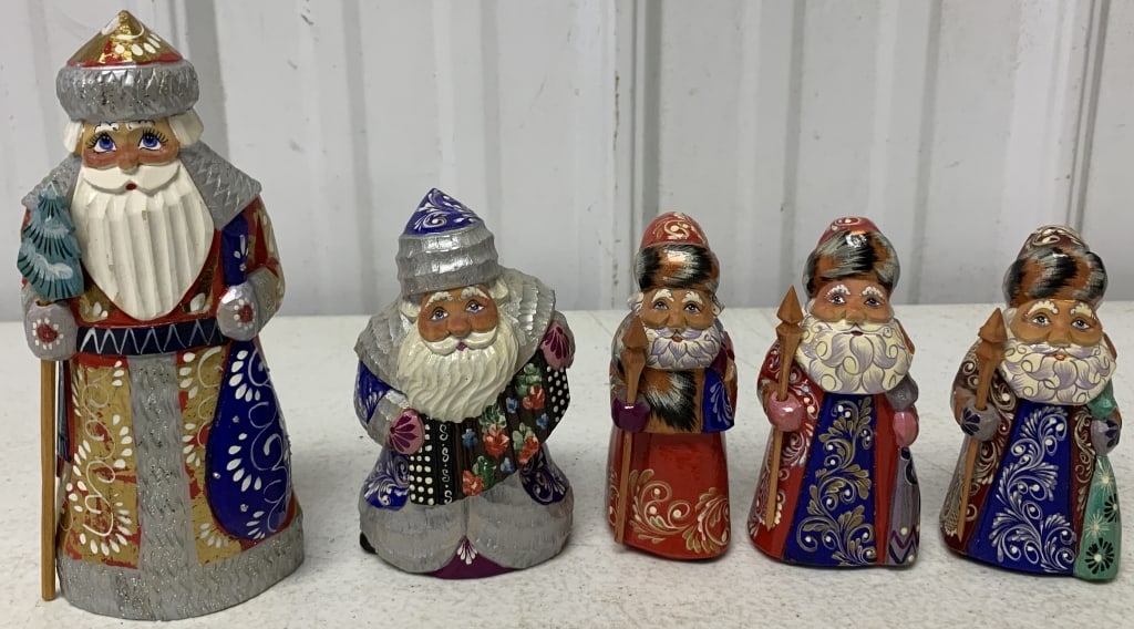 5 hand painted Russian Santa wood carvings: have light wear