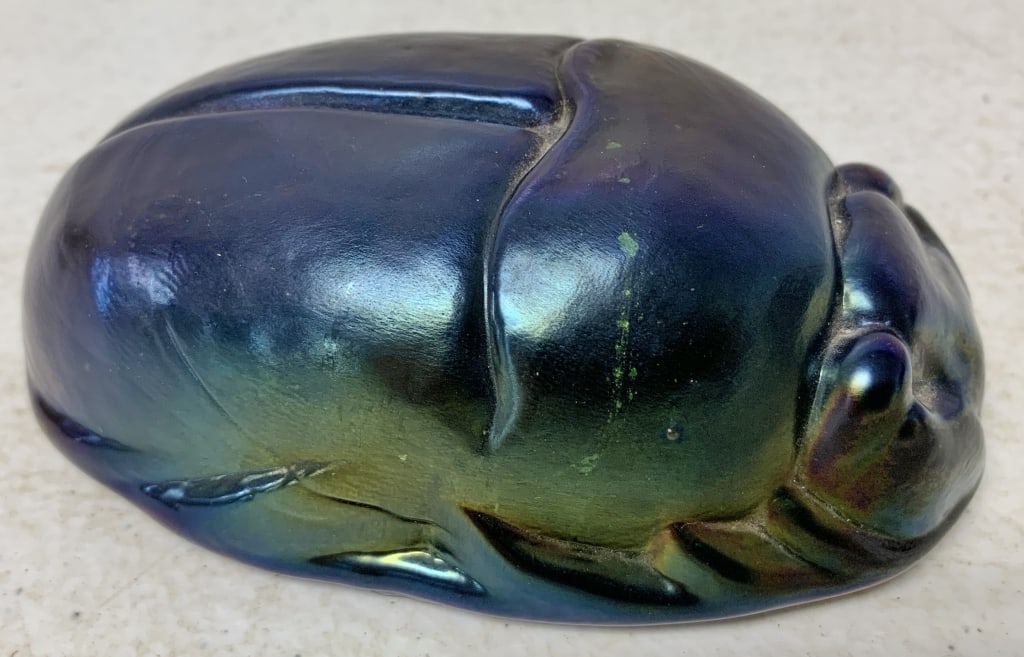 Iridescent scarab paperweight: has wear with scuffs to base