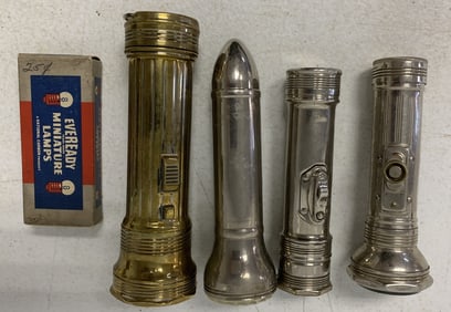4 vintage flashlights and bulb box