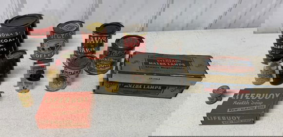 advertising tins, bottle, boxes, etc.