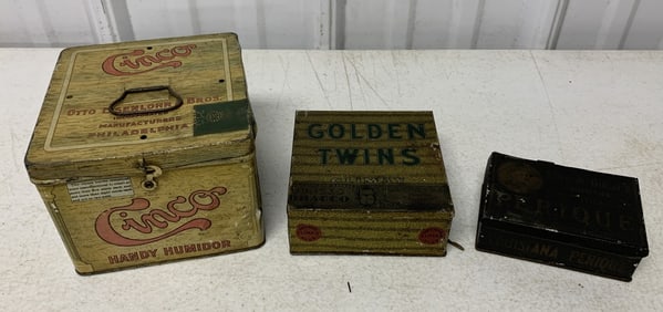 3 tobacco tins; Cinco, Golden Twins Climax and