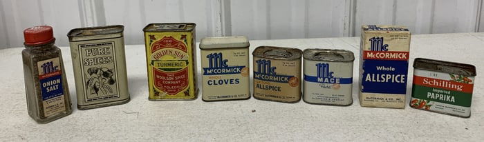 8 spice tins, bottle and box