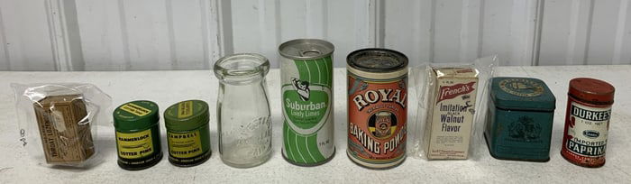 9 adv. tins, bottle and boxes