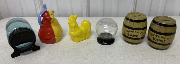 2 J. Chein barrel banks, baseball bank, feeder