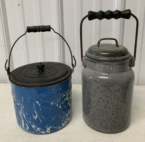 grey granite and blue swirl enamel pails