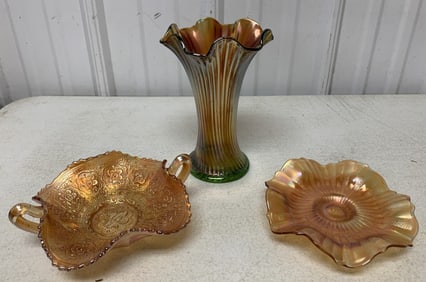 3 pieces of carnival glass, base is Northwood