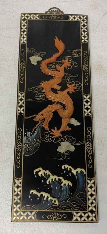 black lacquered dragon wall art: has wear