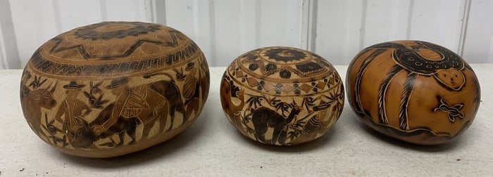3 hand carved gourds, 2 marked Peru