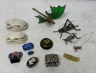 decorative beetles, grass hoppers, crickets, and