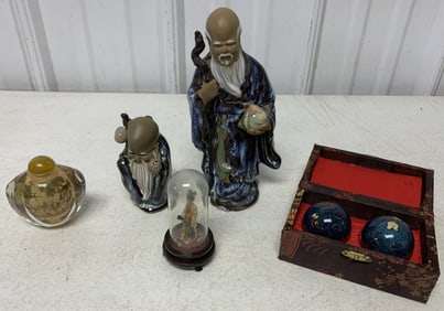 chime balls, snuff bottle and figurines