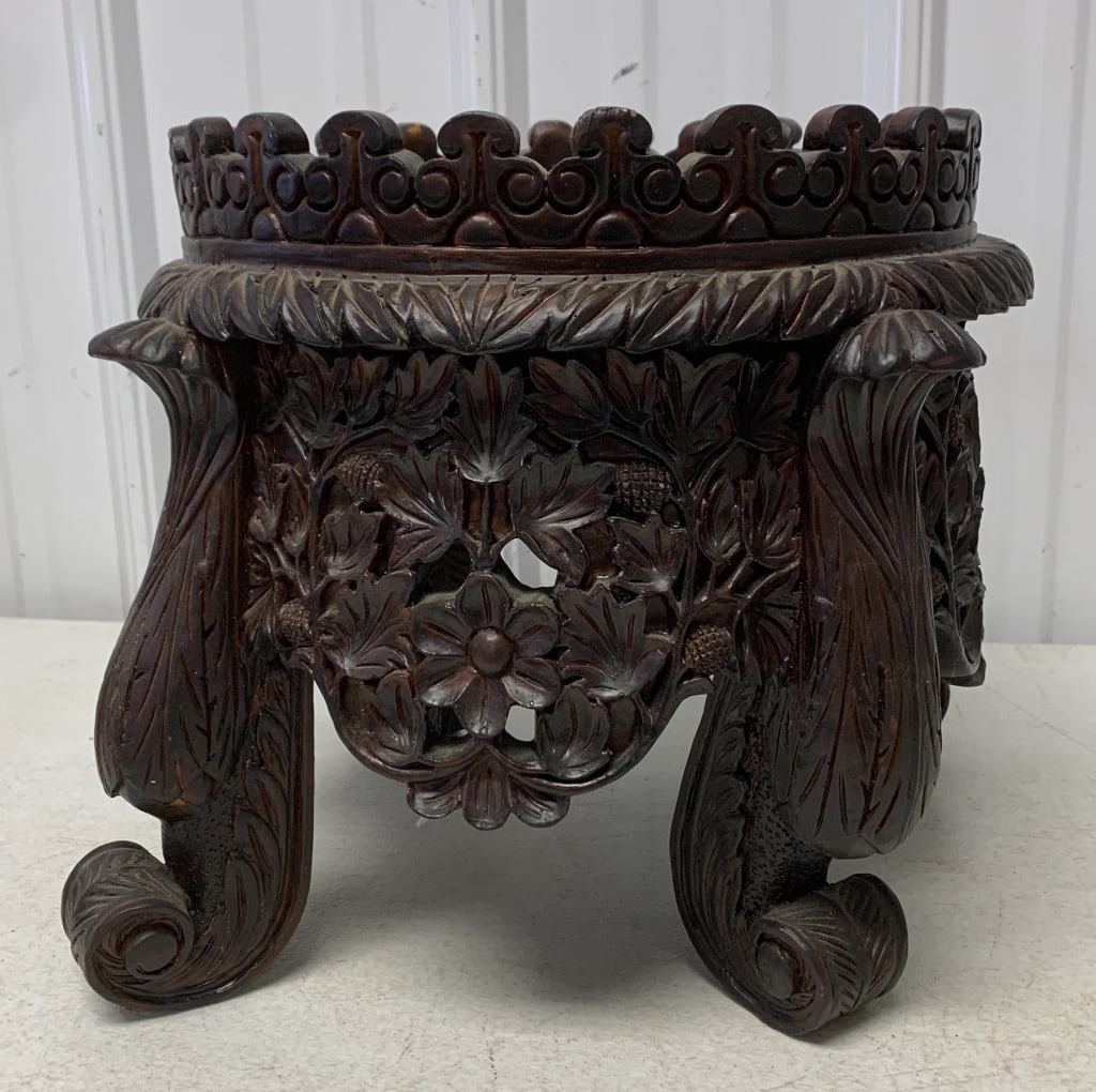 ornate plant stand: has wear with scratches and some finish loss