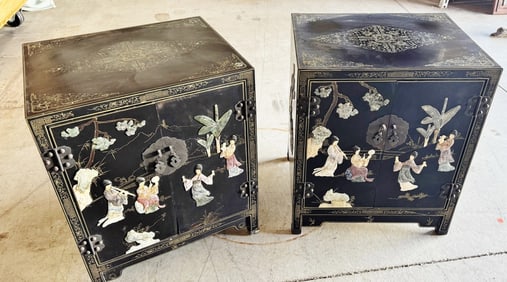 Oreintal Black Lacquer Decoratied  End Tables