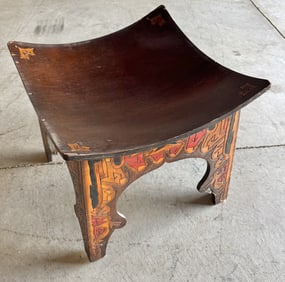 Decorted wood foot stool with leather pillow