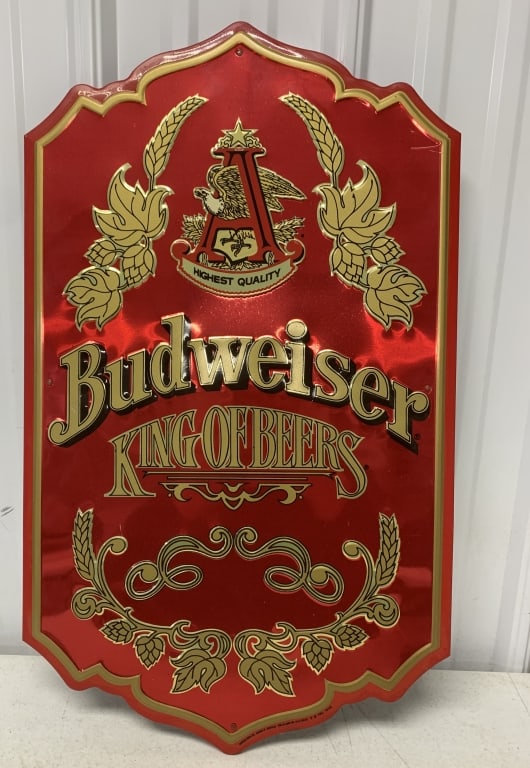 Budweiser King of Beers sign: 25 1/4" tall x 15 1/8" wide; metal over wafer board, has wear with scratches