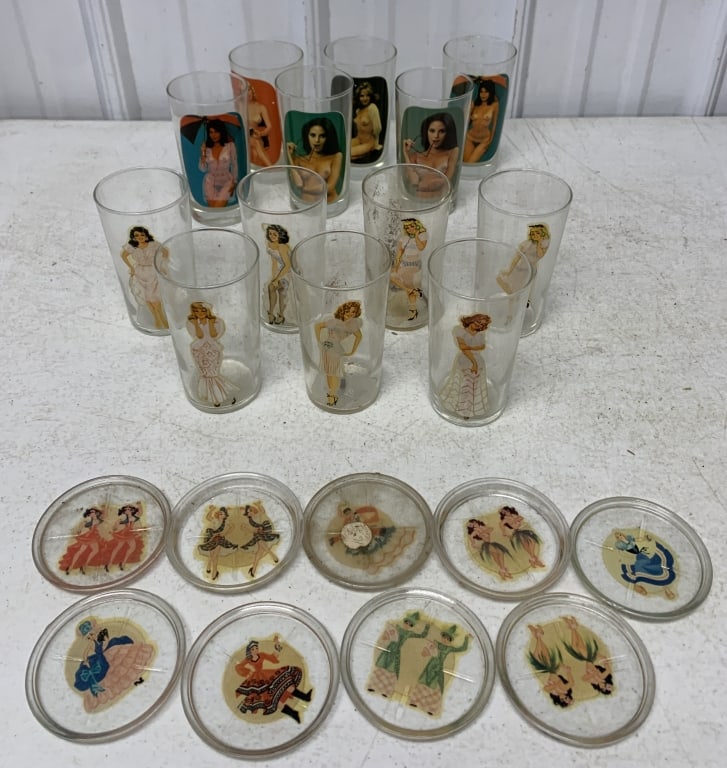 girlie glasses and coasters: have wear and soiling, some scratches