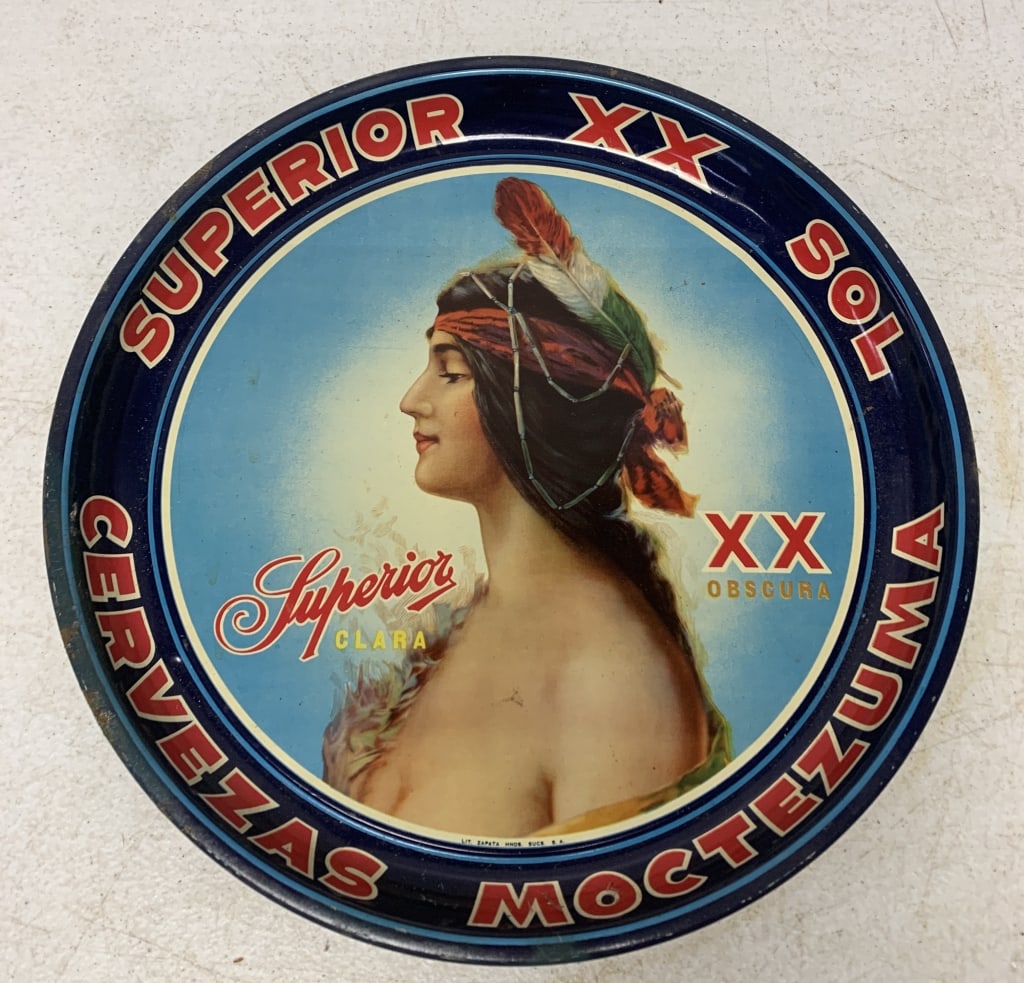 Superior XX Sol Cervesas Moctezuma beer tray: has wear with scratches, dent, rust and discoloration to back