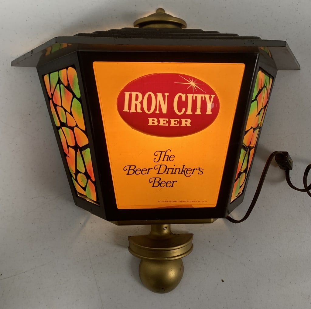 Iron City Beer light up sign: 15 1/4" tall x 16" wide x 6" deep; has wear with scratches, switch is worn and touchy