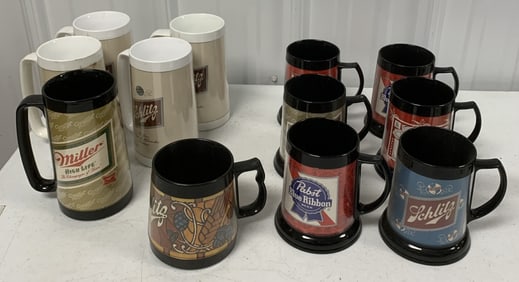 12 assorted plastic beer mugs