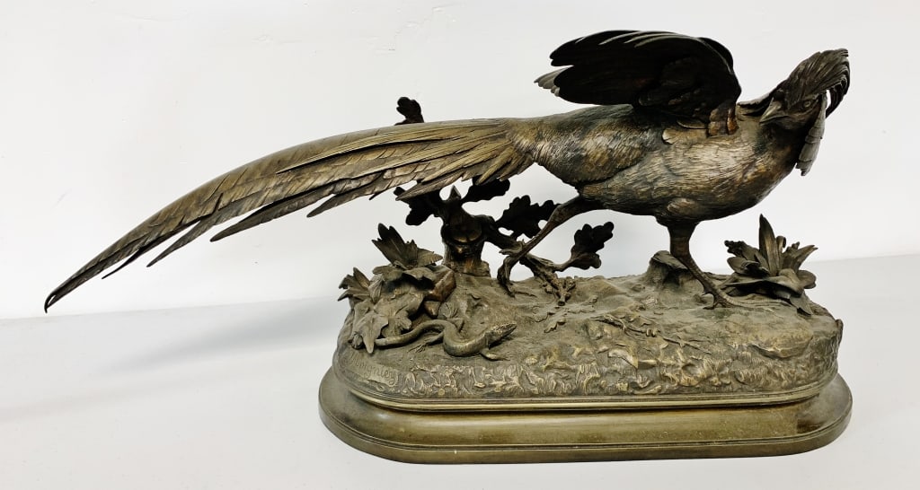 Jules Moigniez bronze pheasant sculpture: 30" x 15"; has wear