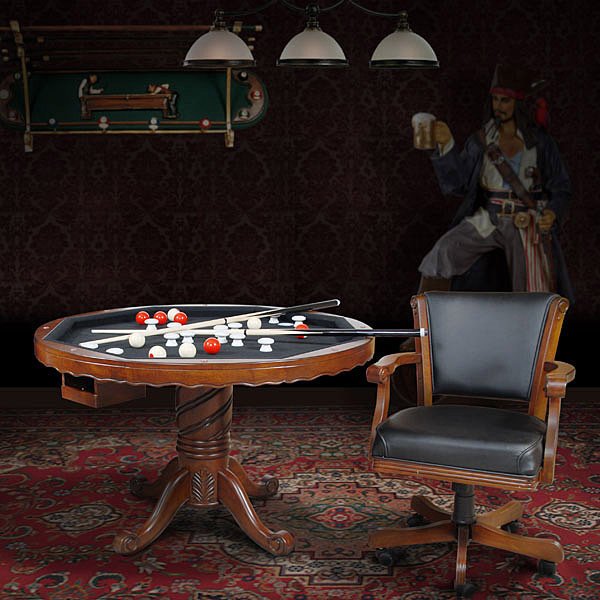 Bumper Pool Poker Game Table w/4Chairs: The Bumper Pool Game Table Set is a great functional set. This lot includes the bumper pool table and all the tools to play the game as well as a wood cover for a regular dining table and turns over t