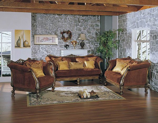 Westmoreland Sofa Loveseat: The uniquely shaped Westmoreland Sofa & Loveseat set features a warm arrangement of rust and gold fabrics and trims. The high rolled arms suggest grandeur and sophistication.SOFA - 90.5W X 39.5D X 43.