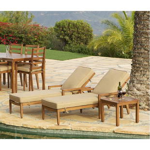 Napa 3pc Chaise Set: The 3pc Napa chaise set includes two adjustable back aluminum chaise lounges with a Sesame Sunbrella Cushions and an additional matching wood tone side table. This set evokes thoughts of warm summers