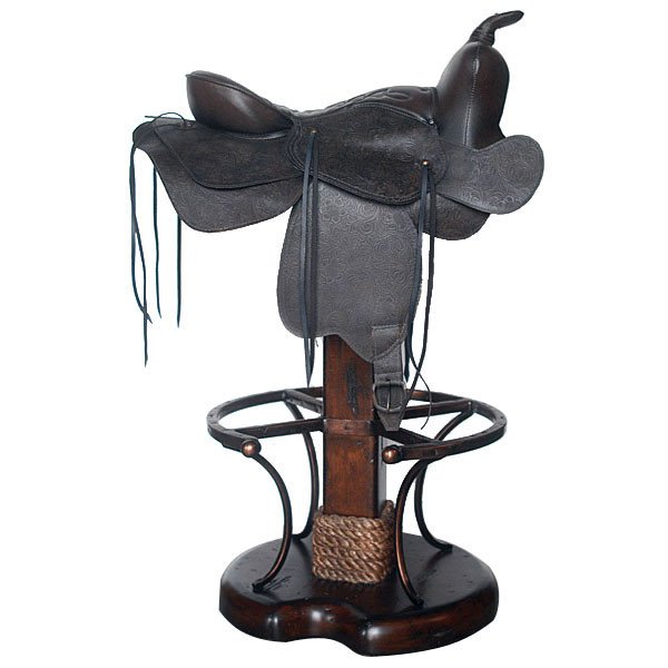 Leather Saddle Swivel Barstool: The Leather Saddle Barstool features classic rustic details including etched leathers, solid wood fence post stand and base, rope details around the post base. Makes a perfect addition to a country ba